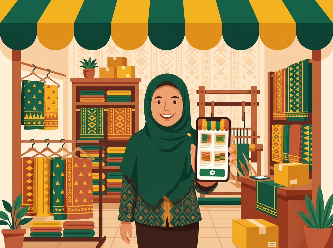 Pemilik toko tenun memegang HP yang menampilkan toko online buatan TinggalJual